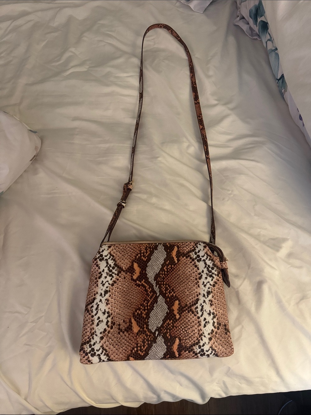 Snake-Print Crossbody Bag in Brown and Cream